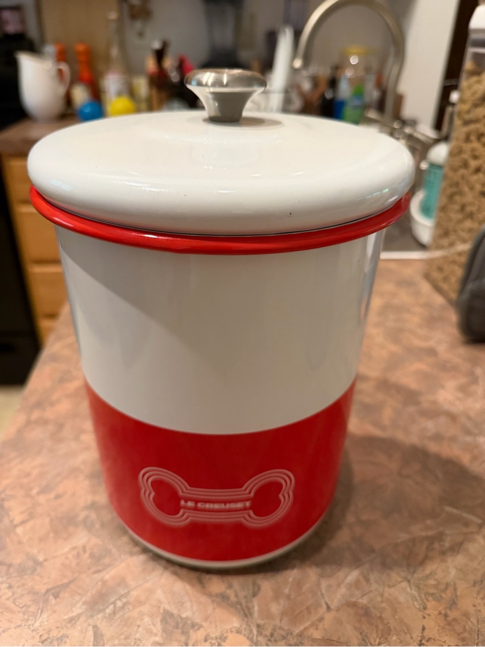 Le Creuset Red and White Enamel Pet Canister